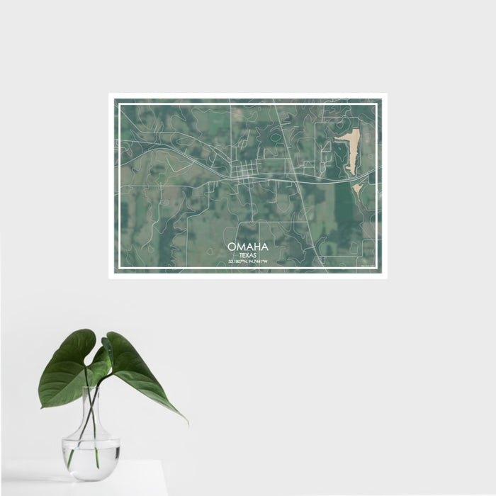 16x24 Omaha Texas Map Print Landscape Orientation in Afternoon Style With Tropical Plant Leaves in Water