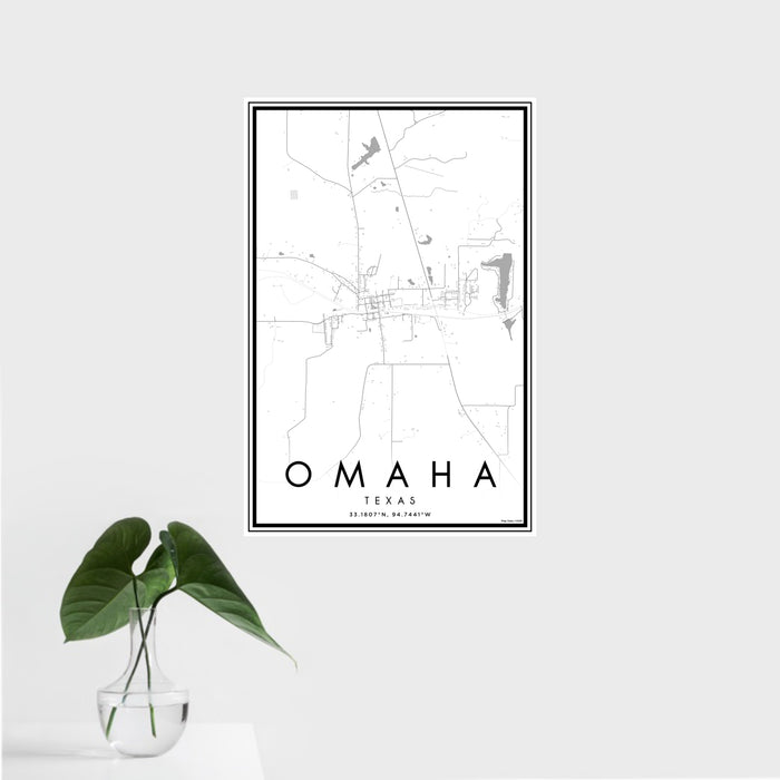 16x24 Omaha Texas Map Print Portrait Orientation in Classic Style With Tropical Plant Leaves in Water