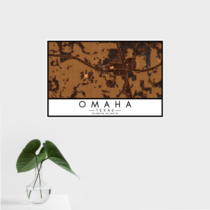 16x24 Omaha Texas Map Print Landscape Orientation in Ember Style With Tropical Plant Leaves in Water