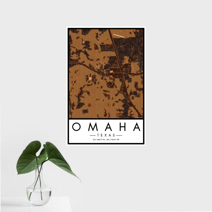 16x24 Omaha Texas Map Print Portrait Orientation in Ember Style With Tropical Plant Leaves in Water