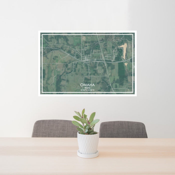 24x36 Omaha Texas Map Print Lanscape Orientation in Afternoon Style Behind 2 Chairs Table and Potted Plant