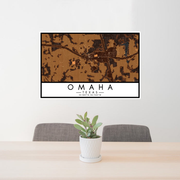 24x36 Omaha Texas Map Print Lanscape Orientation in Ember Style Behind 2 Chairs Table and Potted Plant