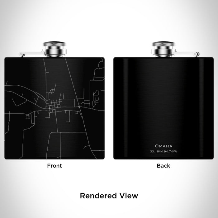 Rendered View of Omaha Texas Map Engraving on 6oz Stainless Steel Flask in Black