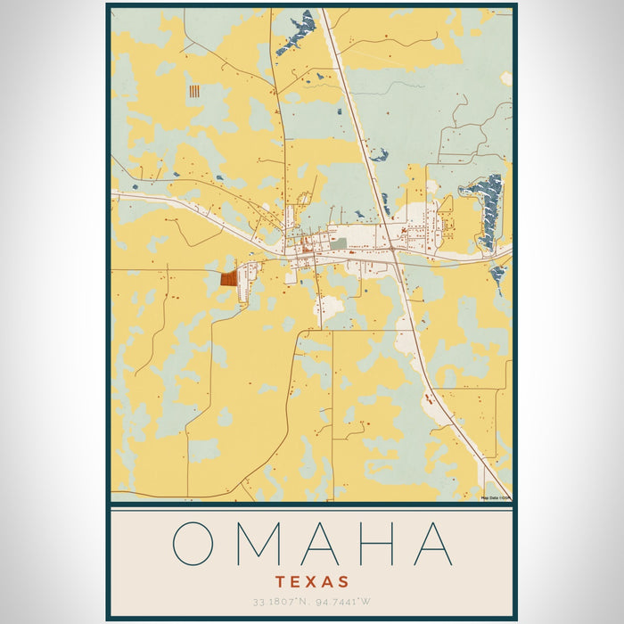 Omaha Texas Map Print Portrait Orientation in Woodblock Style With Shaded Background