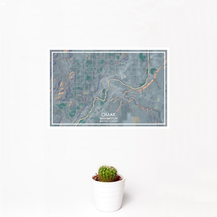 12x18 Omak Washington Map Print Landscape Orientation in Afternoon Style With Small Cactus Plant in White Planter