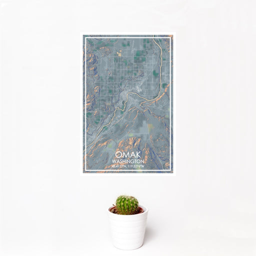12x18 Omak Washington Map Print Portrait Orientation in Afternoon Style With Small Cactus Plant in White Planter