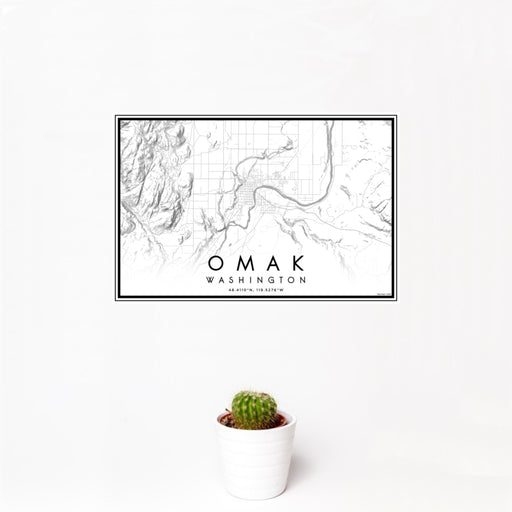 12x18 Omak Washington Map Print Landscape Orientation in Classic Style With Small Cactus Plant in White Planter