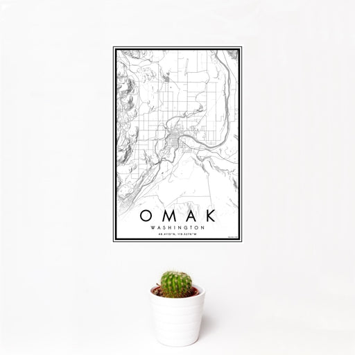 12x18 Omak Washington Map Print Portrait Orientation in Classic Style With Small Cactus Plant in White Planter