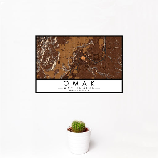 12x18 Omak Washington Map Print Landscape Orientation in Ember Style With Small Cactus Plant in White Planter