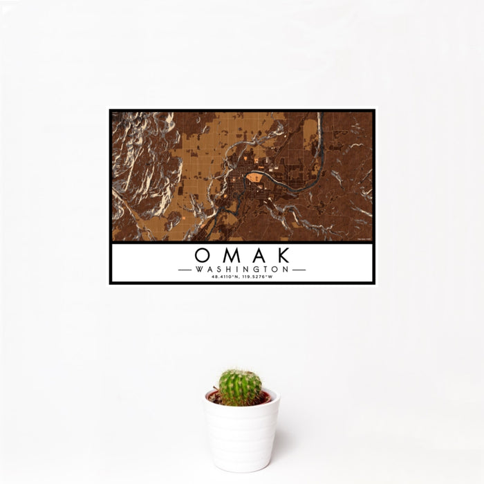 12x18 Omak Washington Map Print Landscape Orientation in Ember Style With Small Cactus Plant in White Planter
