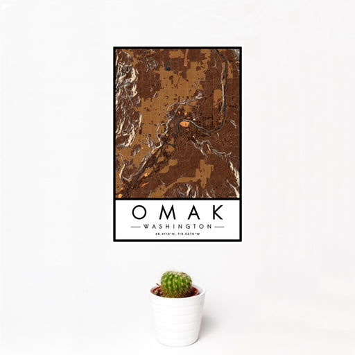 12x18 Omak Washington Map Print Portrait Orientation in Ember Style With Small Cactus Plant in White Planter
