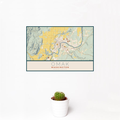 12x18 Omak Washington Map Print Landscape Orientation in Woodblock Style With Small Cactus Plant in White Planter