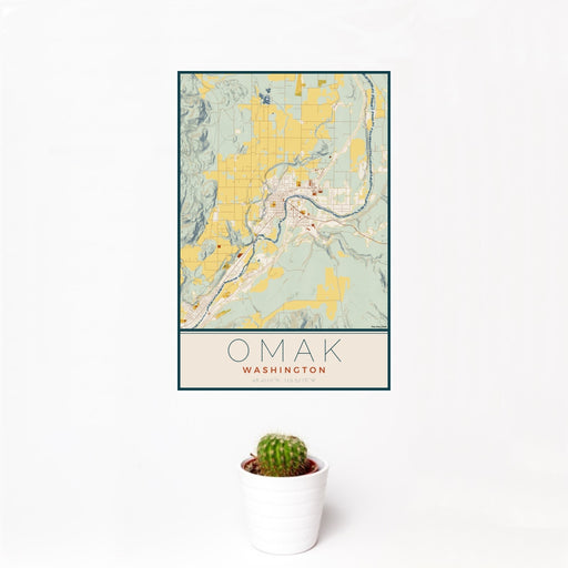 12x18 Omak Washington Map Print Portrait Orientation in Woodblock Style With Small Cactus Plant in White Planter