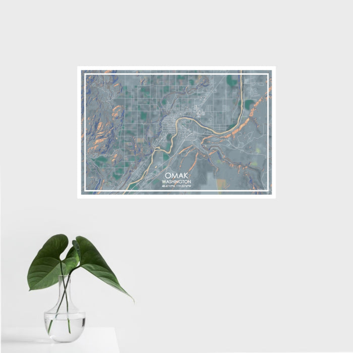 16x24 Omak Washington Map Print Landscape Orientation in Afternoon Style With Tropical Plant Leaves in Water
