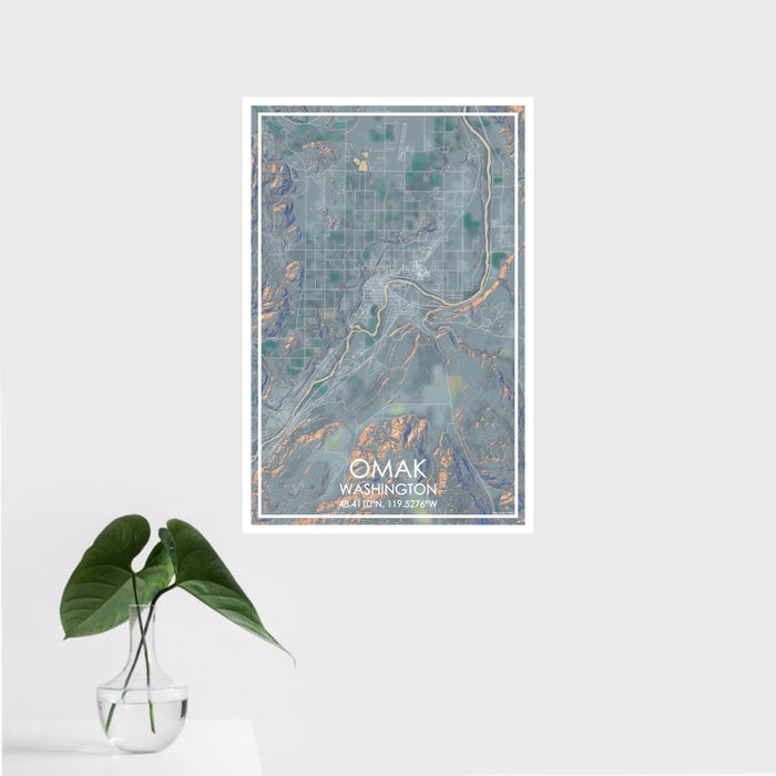 16x24 Omak Washington Map Print Portrait Orientation in Afternoon Style With Tropical Plant Leaves in Water