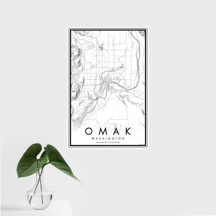 16x24 Omak Washington Map Print Portrait Orientation in Classic Style With Tropical Plant Leaves in Water