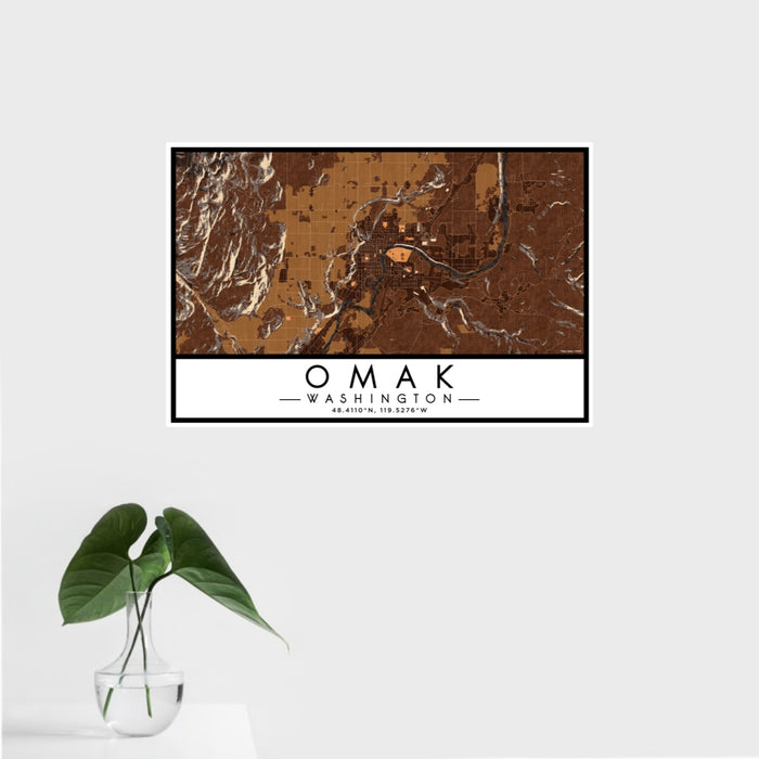 16x24 Omak Washington Map Print Landscape Orientation in Ember Style With Tropical Plant Leaves in Water