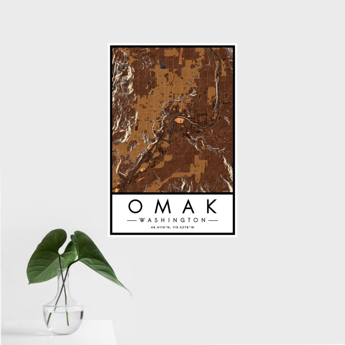 16x24 Omak Washington Map Print Portrait Orientation in Ember Style With Tropical Plant Leaves in Water