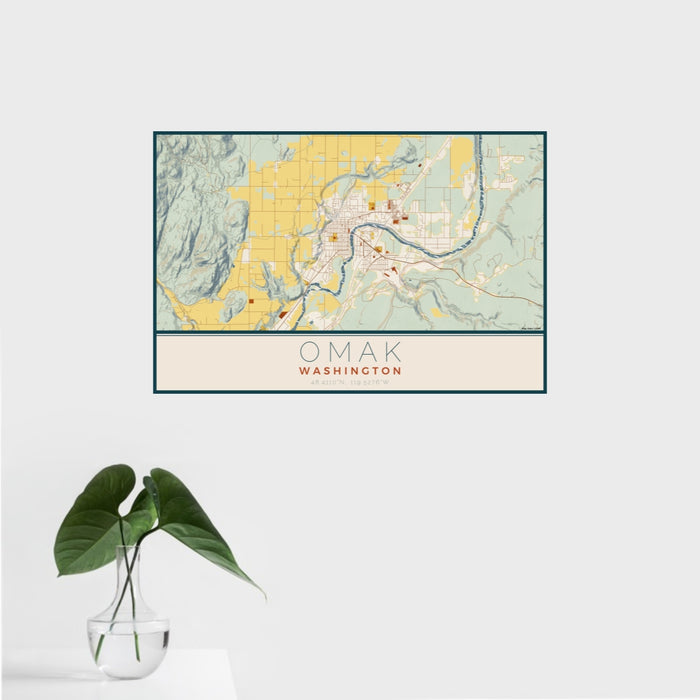 16x24 Omak Washington Map Print Landscape Orientation in Woodblock Style With Tropical Plant Leaves in Water