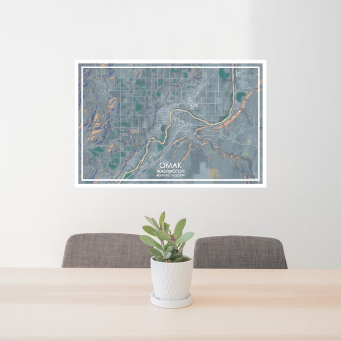 24x36 Omak Washington Map Print Lanscape Orientation in Afternoon Style Behind 2 Chairs Table and Potted Plant