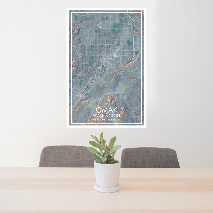 24x36 Omak Washington Map Print Portrait Orientation in Afternoon Style Behind 2 Chairs Table and Potted Plant