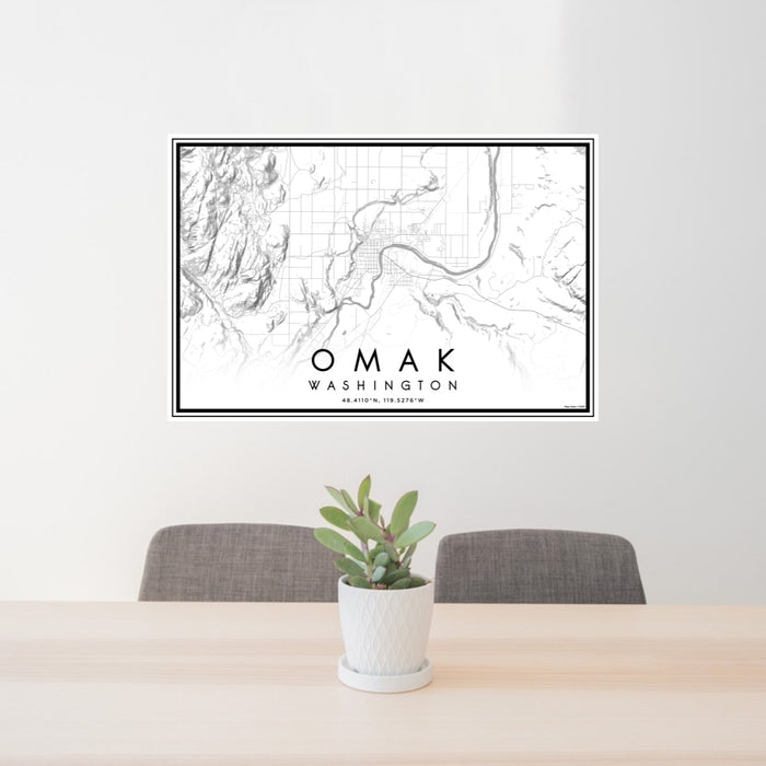 24x36 Omak Washington Map Print Lanscape Orientation in Classic Style Behind 2 Chairs Table and Potted Plant