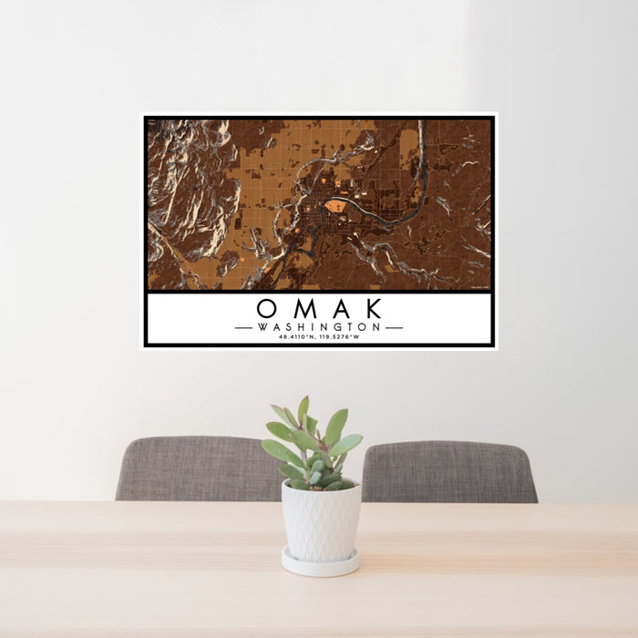 24x36 Omak Washington Map Print Lanscape Orientation in Ember Style Behind 2 Chairs Table and Potted Plant