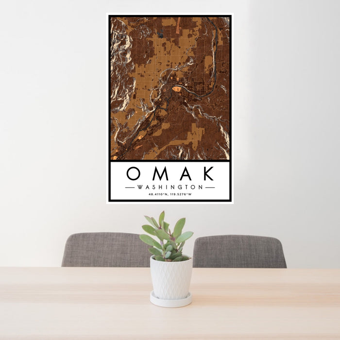 24x36 Omak Washington Map Print Portrait Orientation in Ember Style Behind 2 Chairs Table and Potted Plant