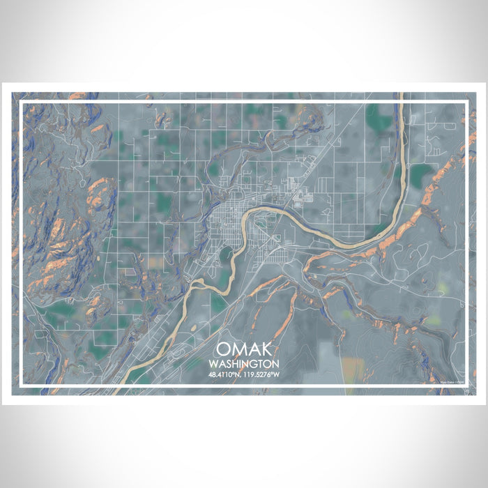 Omak Washington Map Print Landscape Orientation in Afternoon Style With Shaded Background