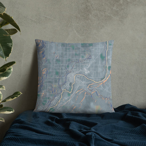 Custom Omak Washington Map Throw Pillow in Afternoon on Bedding Against Wall