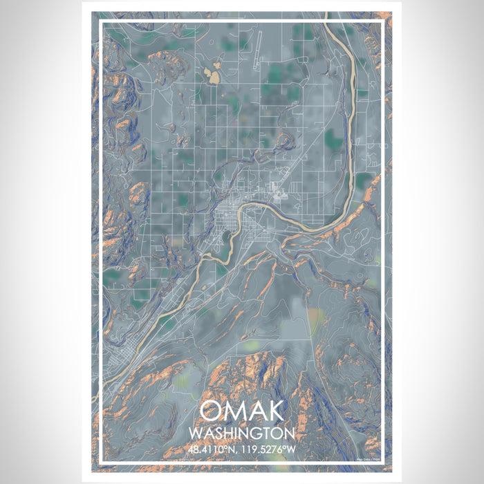 Omak Washington Map Print Portrait Orientation in Afternoon Style With Shaded Background