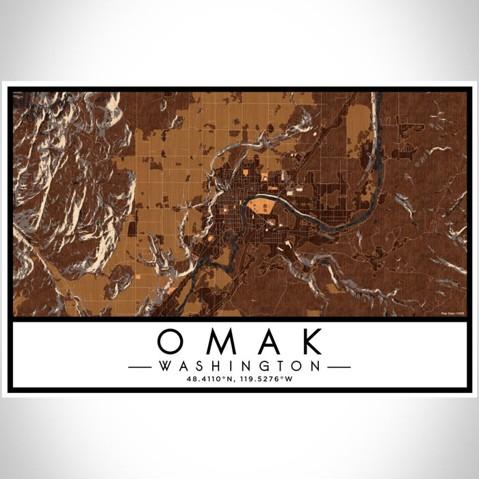 Omak Washington Map Print Landscape Orientation in Ember Style With Shaded Background
