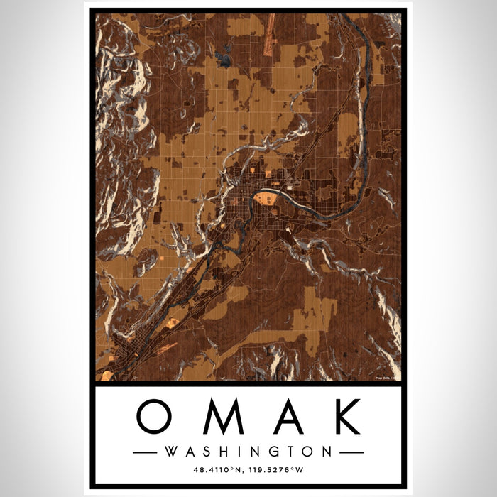 Omak Washington Map Print Portrait Orientation in Ember Style With Shaded Background
