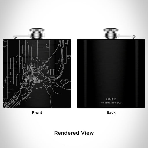 Rendered View of Omak Washington Map Engraving on 6oz Stainless Steel Flask in Black