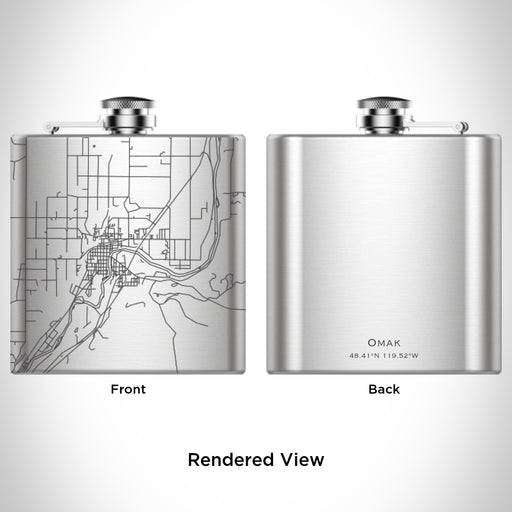 Rendered View of Omak Washington Map Engraving on 6oz Stainless Steel Flask