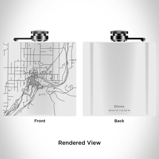 Rendered View of Omak Washington Map Engraving on 6oz Stainless Steel Flask in White