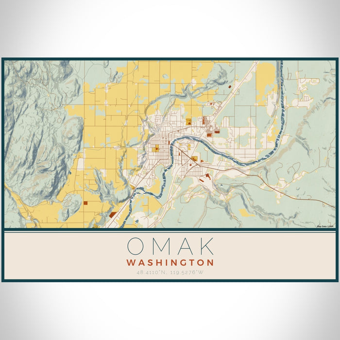Omak Washington Map Print Landscape Orientation in Woodblock Style With Shaded Background