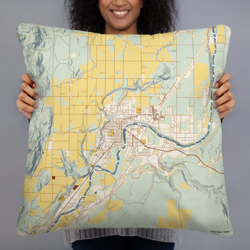 Person holding 22x22 Custom Omak Washington Map Throw Pillow in Woodblock