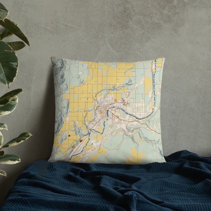 Custom Omak Washington Map Throw Pillow in Woodblock on Bedding Against Wall