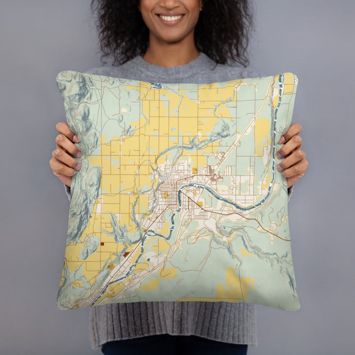 Person holding 18x18 Custom Omak Washington Map Throw Pillow in Woodblock