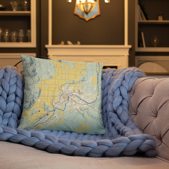 Custom Omak Washington Map Throw Pillow in Woodblock on Cream Colored Couch