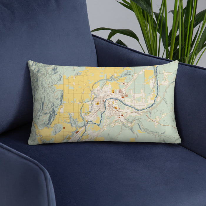 Custom Omak Washington Map Throw Pillow in Woodblock on Blue Colored Chair