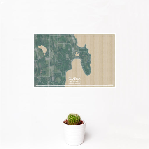 12x18 Omena Michigan Map Print Landscape Orientation in Afternoon Style With Small Cactus Plant in White Planter