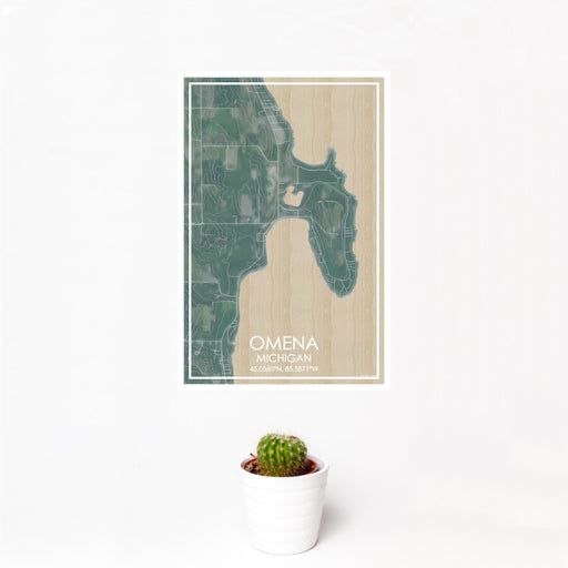 12x18 Omena Michigan Map Print Portrait Orientation in Afternoon Style With Small Cactus Plant in White Planter