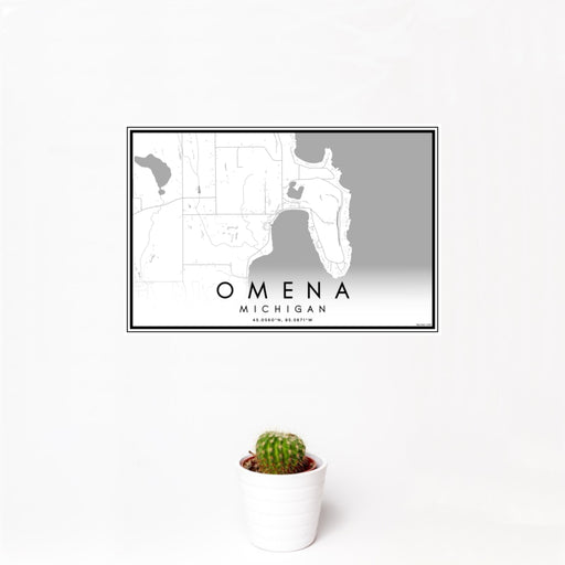 12x18 Omena Michigan Map Print Landscape Orientation in Classic Style With Small Cactus Plant in White Planter