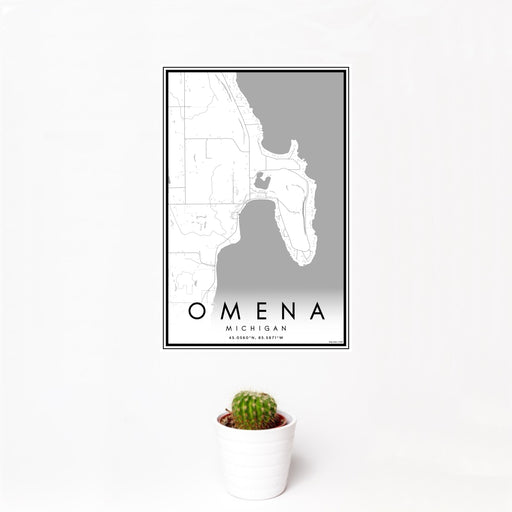 12x18 Omena Michigan Map Print Portrait Orientation in Classic Style With Small Cactus Plant in White Planter
