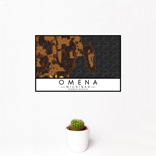 12x18 Omena Michigan Map Print Landscape Orientation in Ember Style With Small Cactus Plant in White Planter