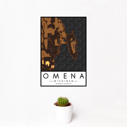 12x18 Omena Michigan Map Print Portrait Orientation in Ember Style With Small Cactus Plant in White Planter