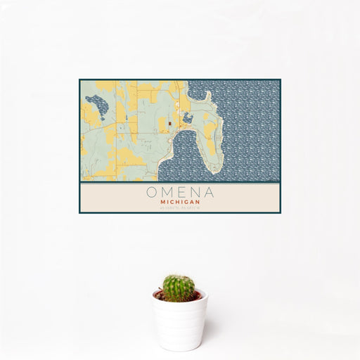 12x18 Omena Michigan Map Print Landscape Orientation in Woodblock Style With Small Cactus Plant in White Planter