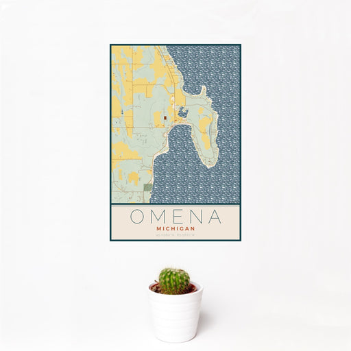 12x18 Omena Michigan Map Print Portrait Orientation in Woodblock Style With Small Cactus Plant in White Planter